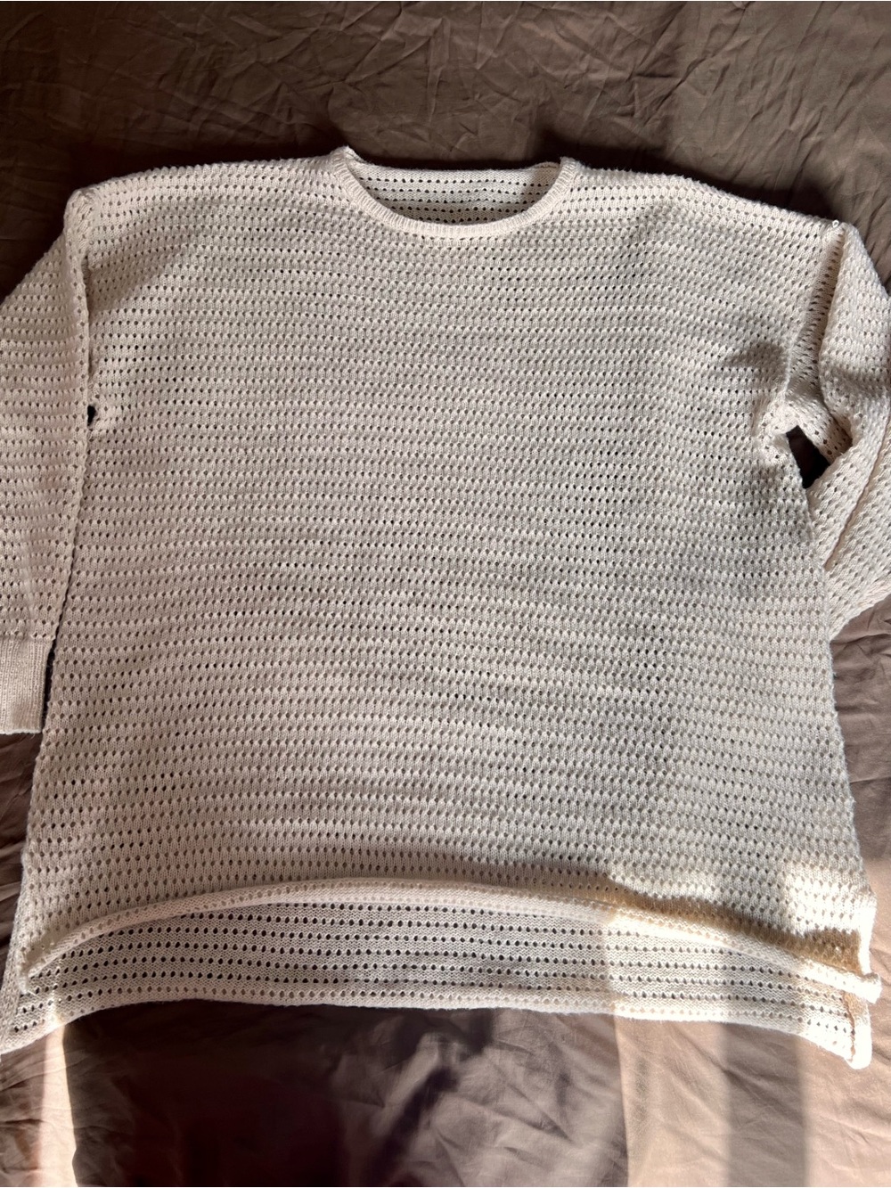 Oversized Open-Knit Crewneck Sweater in Light Beige
